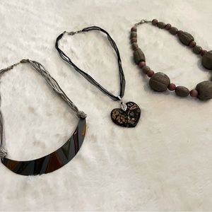 3 Vintage 90’s Necklaces:  Black Glass Heart, Neutral Metal Plate, & Gray Walnut
